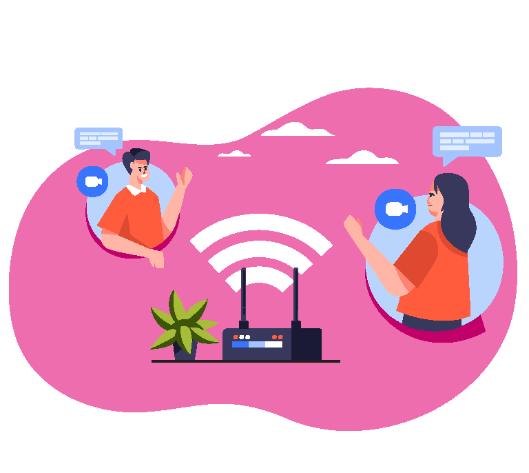 An NBN modem in the center with an animated girl and boy interacting over fast internet, set against a pink background featuring visible messages and like icons.